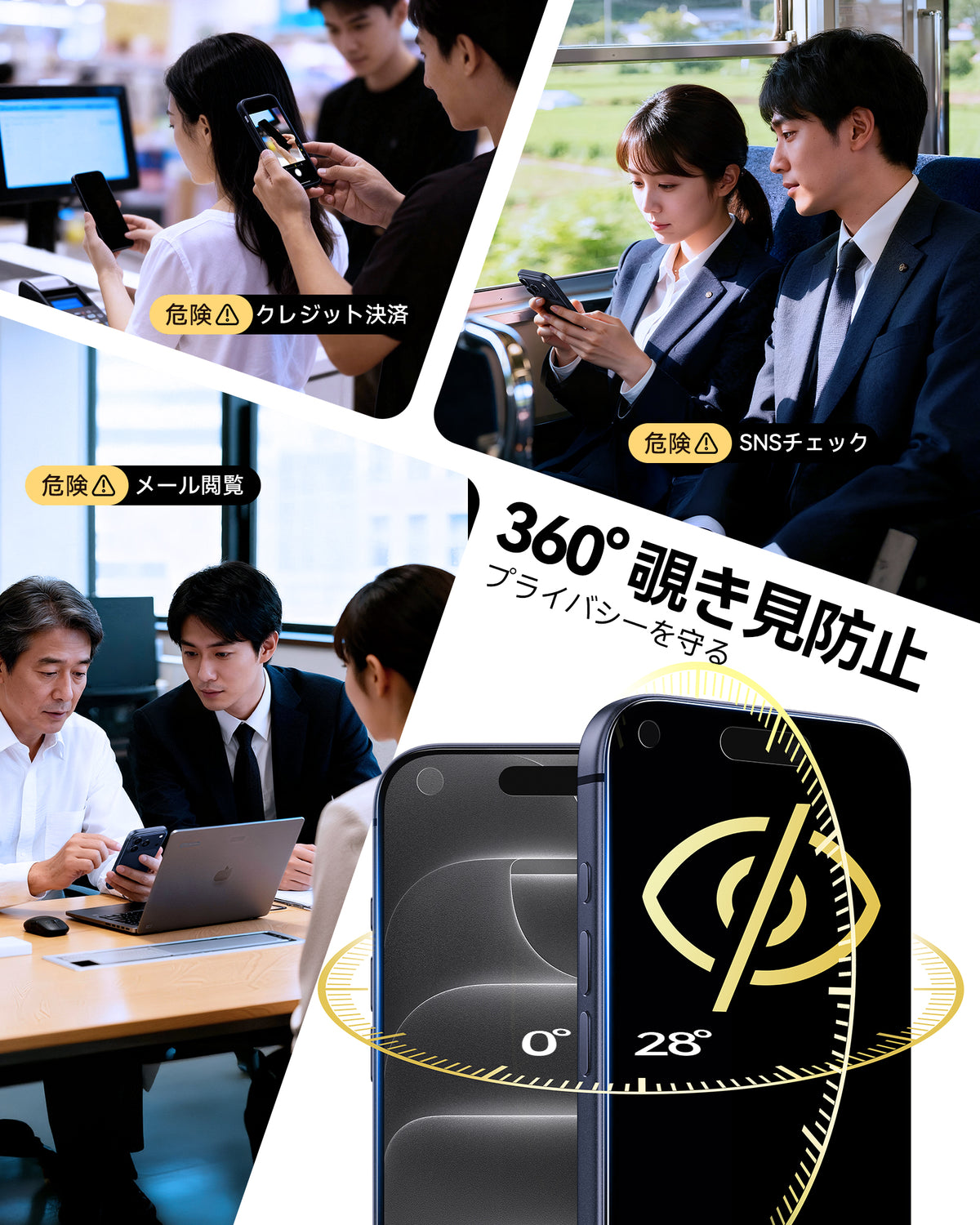 【2枚】360度覗き見防止フィルム 360°プライバシー 正面クリア 顔認証 強化ガラス 画面保護 自動除塵ガイド枠付き iPhone 17/18シリーズ用