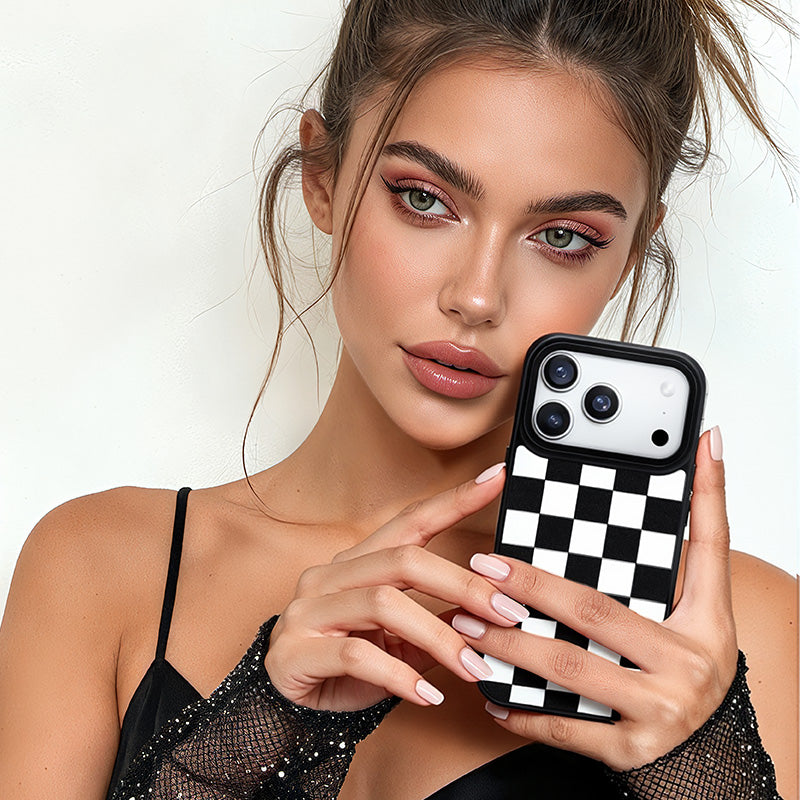 NIMASO iPhone 17/Pro/Pro Max/Air用 ケース MagSafe対応 可愛い おしゃれ 傷付き防止 スマホケース(チェッカーシリーズ)白黒・白粉のチェック柄