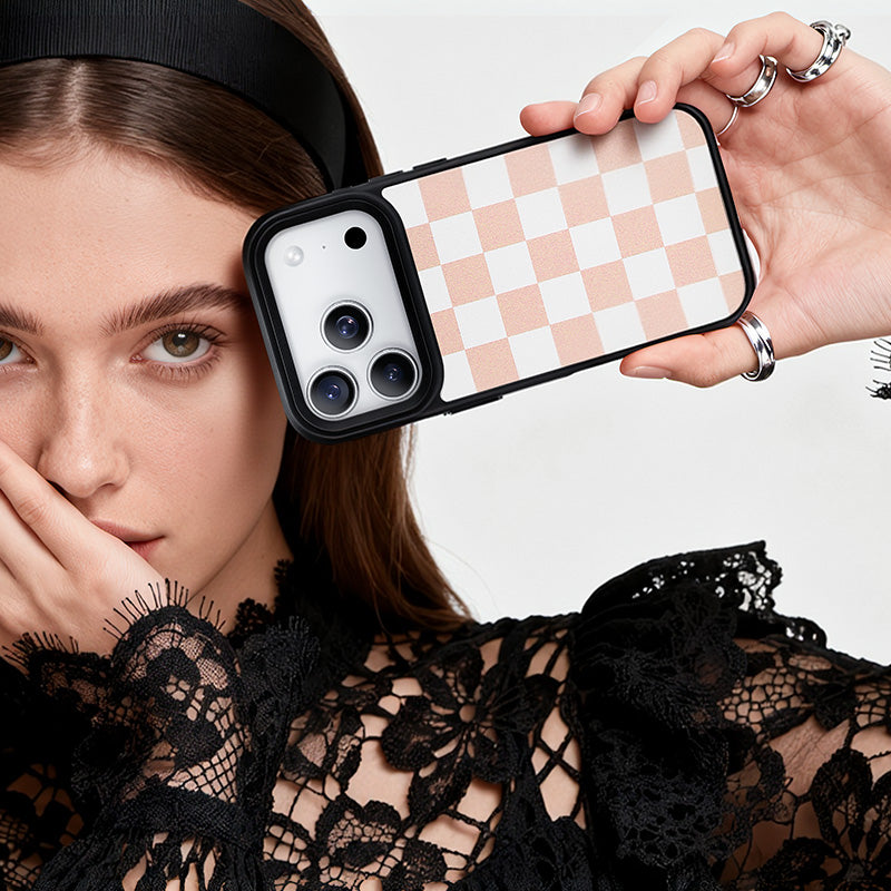 NIMASO iPhone 17/Pro/Pro Max/Air用 ケース MagSafe対応 可愛い おしゃれ 傷付き防止 スマホケース(チェッカーシリーズ)白黒・白粉のチェック柄