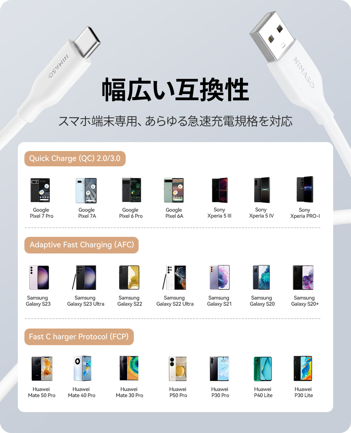 NIMASO USB-A & USB-C ケーブル 絡まないケーブル シリコン素材採用 USB Type C ケーブル 2.0