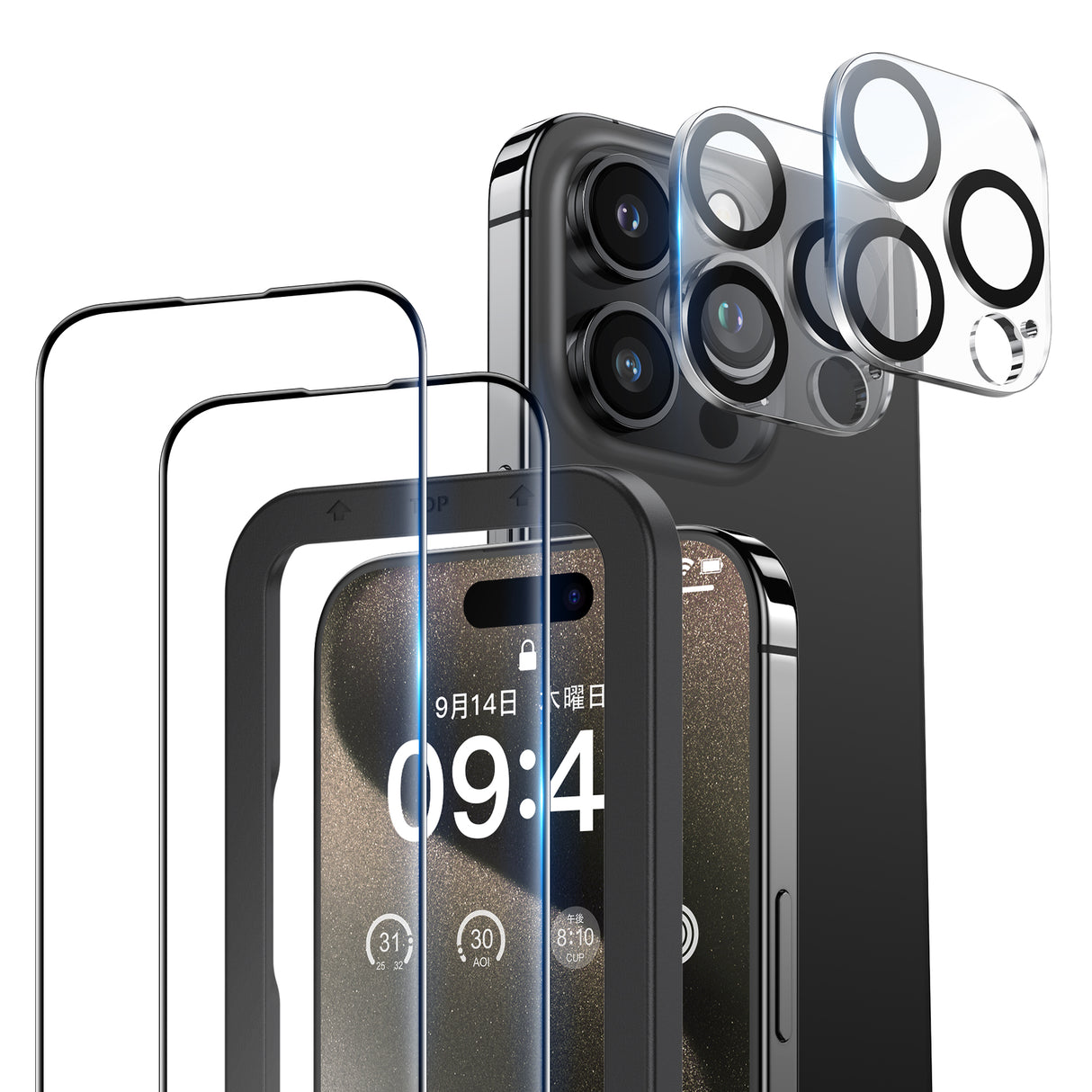 NIMASO iPhone 15/Plus/Pro用 ガラスフィルム (2枚) + カメラフィルム (2枚) ガイド枠付き