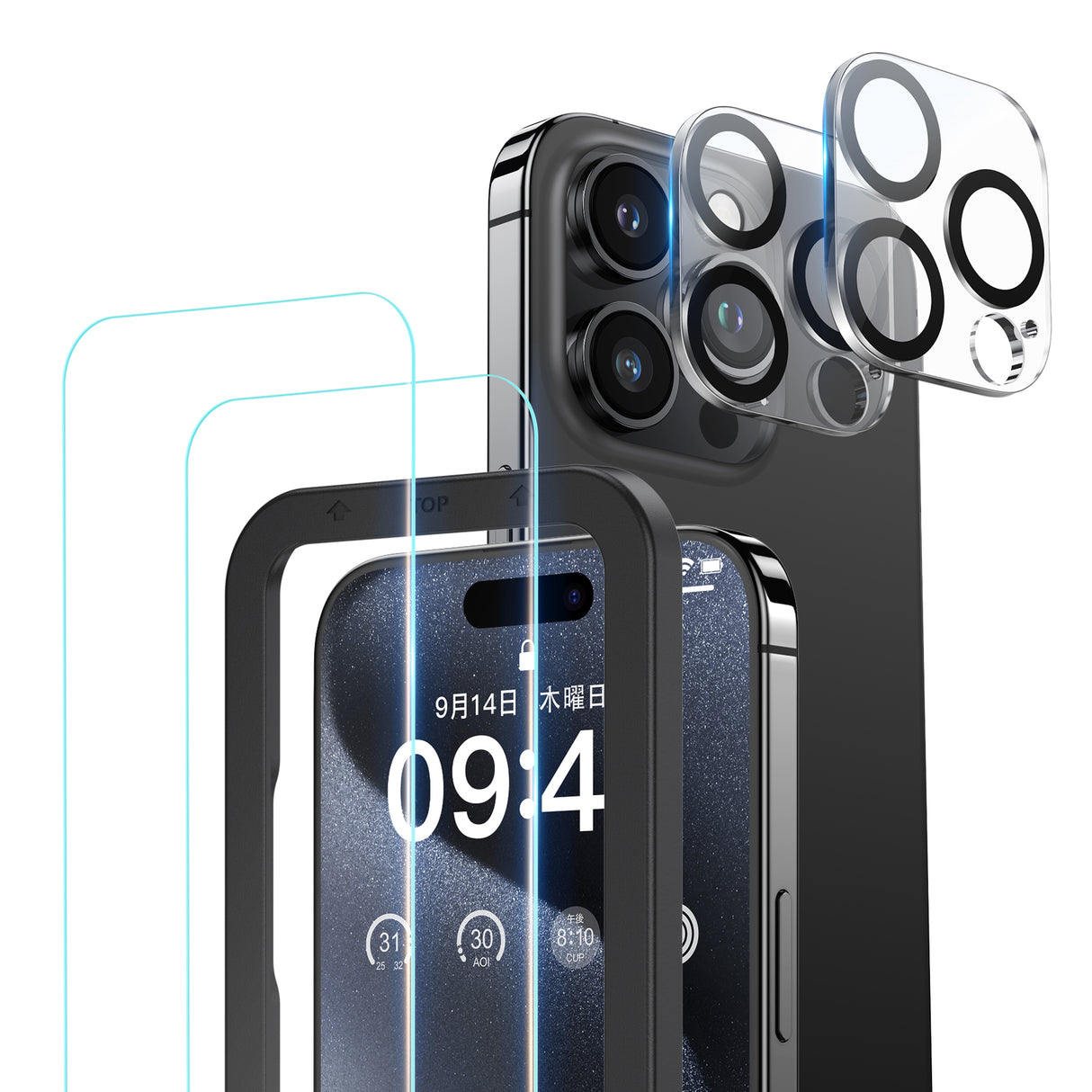 NIMASO iPhone 15/15 Pro Max用 ガラスフィルム (2枚) + カメラフィルム (2枚) ガイド枠付き