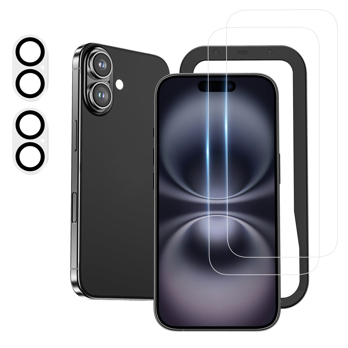 NIMASO iPhone 16/Plus用 強化ガラスフィルム(2枚)+カメラフィルム(2枚) ガイド枠付き 硬度9H