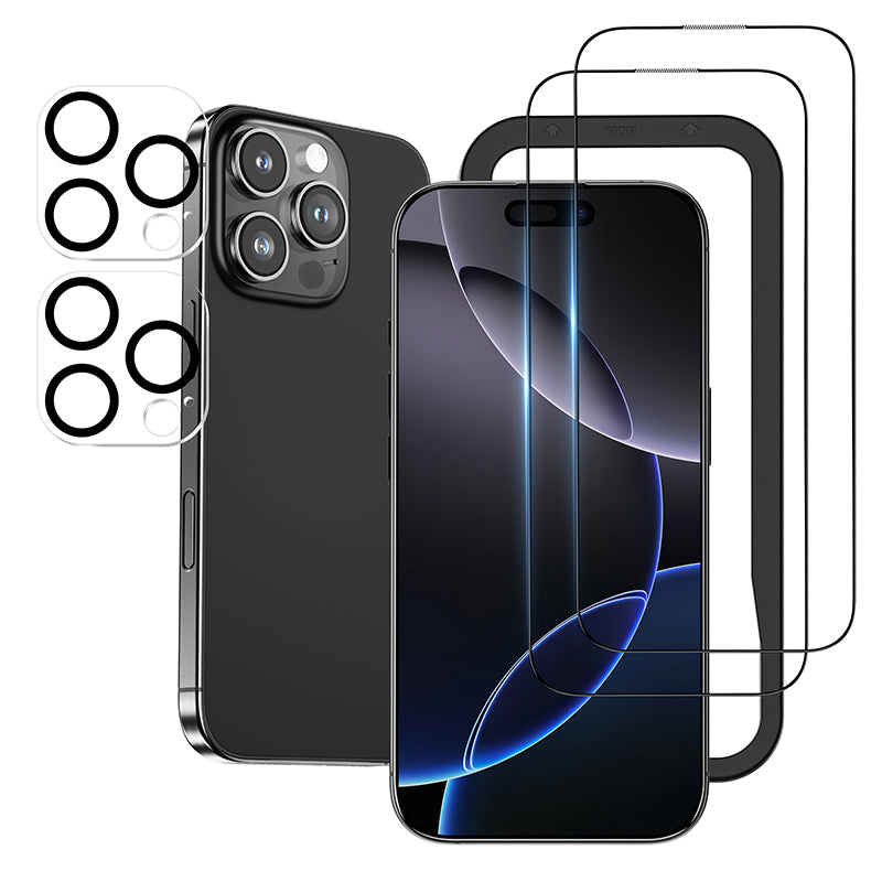 NIMASO iPhone 16 Pro/Pro Max用 強化ガラスフィルム(2枚)+カメラフィルム(2枚) 黒縁あり ガイド枠付き 硬度9H