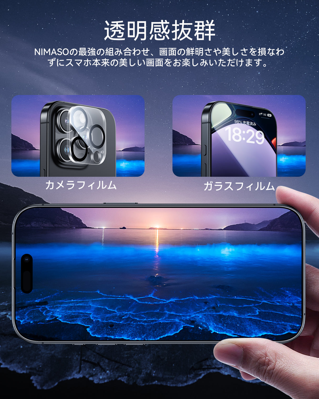 NIMASO iPhone 16 Pro/Pro Max用 強化ガラスフィルム(2枚)+カメラフィルム(2枚) 黒縁あり ガイド枠付き 硬度9H