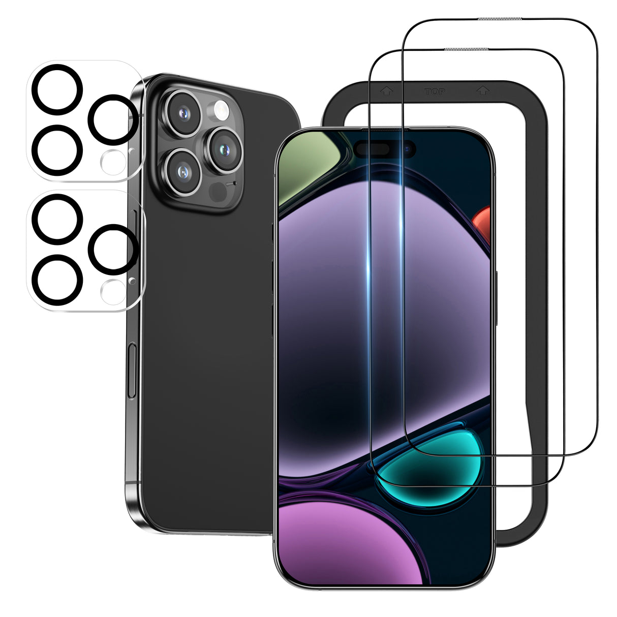 NIMASO iPhone 16 Pro/Pro Max用 強化ガラスフィルム(2枚)+カメラフィルム(2枚) 黒縁あり ガイド枠付き 硬度9H