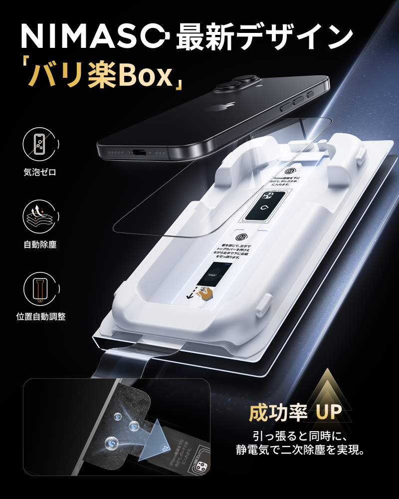 NIMASO iPhone 16/Pro/Pro Max用 「バリ楽Box」ゴリラガラスフィルム 9H+硬度 黒縁あり ガイド枠付き【2枚】