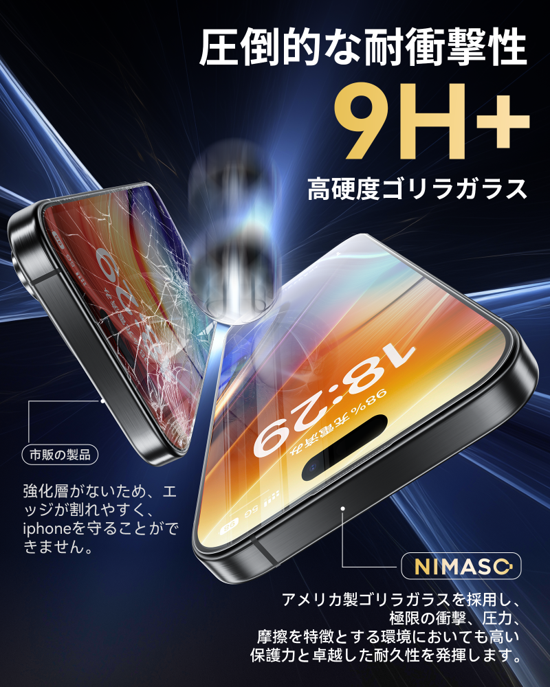 NIMASO iPhone 16/Pro/Pro Max用 「バリ楽Box」ゴリラガラスフィルム 9H+硬度 黒縁あり ガイド枠付き【2枚】