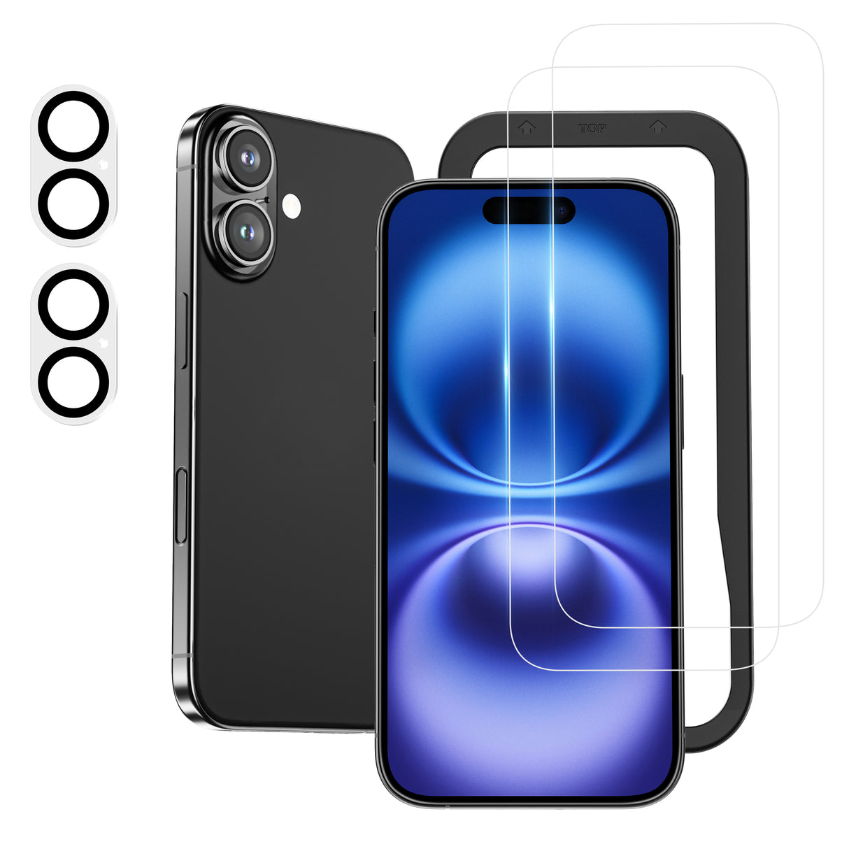 NIMASO iPhone 16/Plus用 強化ガラスフィルム(2枚)+カメラフィルム(2枚) ガイド枠付き 硬度9H