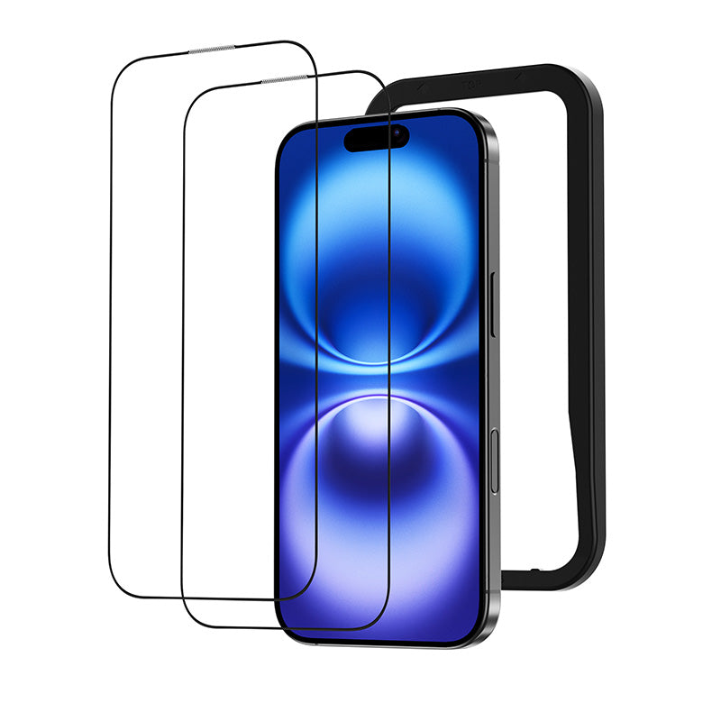 NIMASO iPhone 16/Plus/Pro/Pro Max用 全面保護 黒縁あり 強化ガラスフィルム ガイド枠付き【2枚】