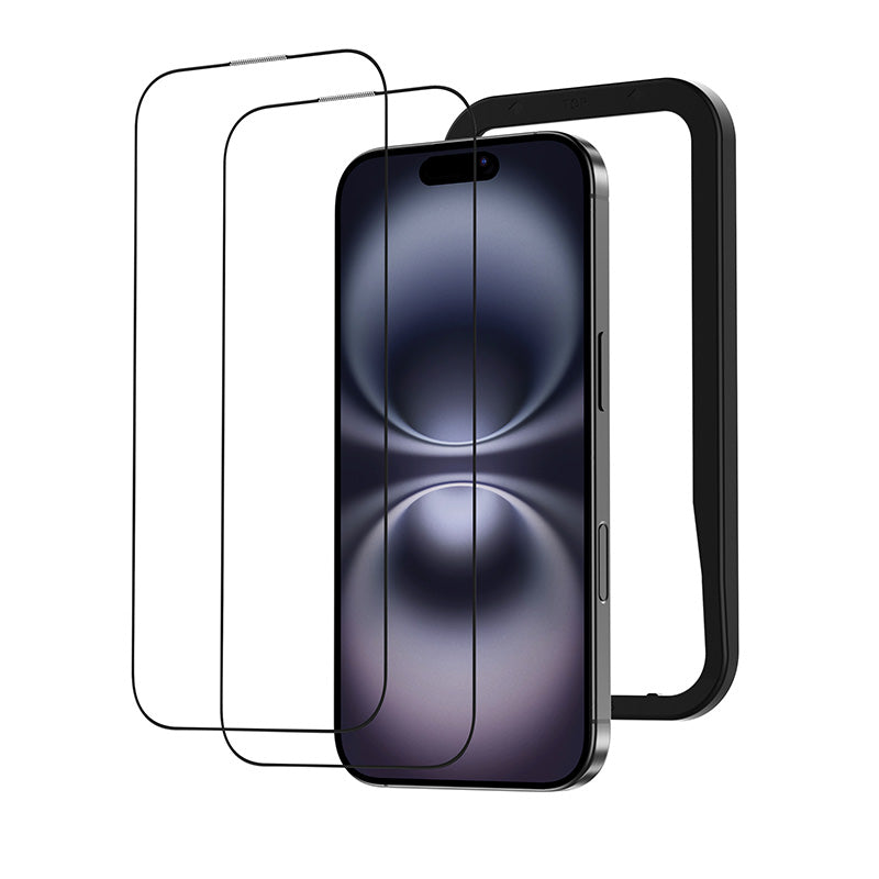 NIMASO iPhone 16/Plus/Pro/Pro Max用 全面保護 黒縁あり 強化ガラスフィルム ガイド枠付き【2枚】