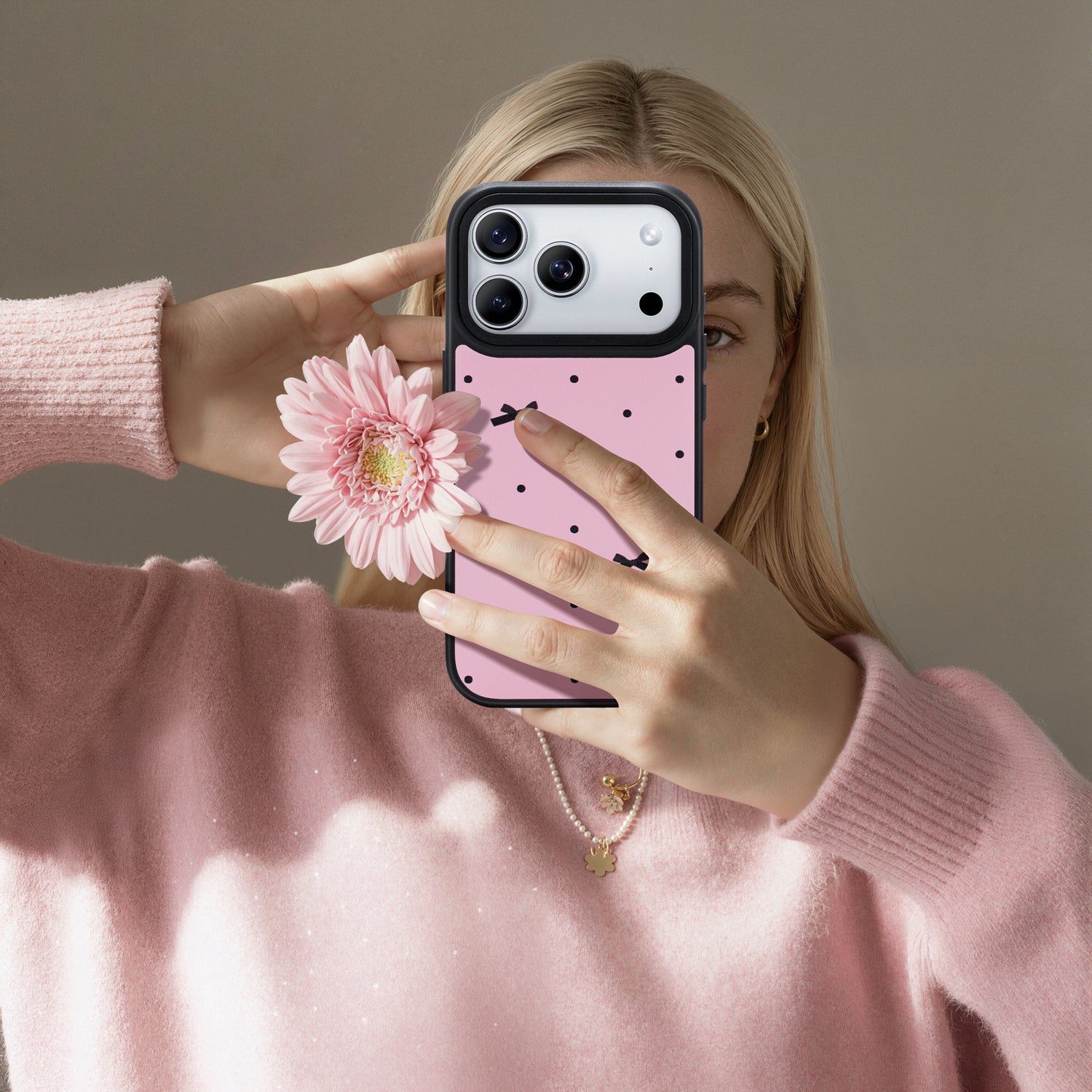 NIMASO iPhone 17/Pro/Pro Max/Air用 ケース MagSafe対応 可愛い おしゃれ 耐衝撃 ワイヤレス充電対応(ファンシーシリーズ)リボン柄 ピンク