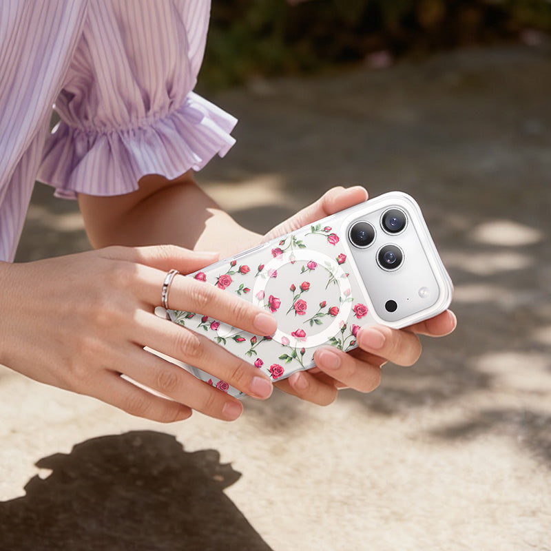 NIMASO iPhone 17/Pro/Pro Max/Air用 ケース MagSafe対応 かわいい おしゃれ スマホケース (フローラルシリーズ)赤いバラ