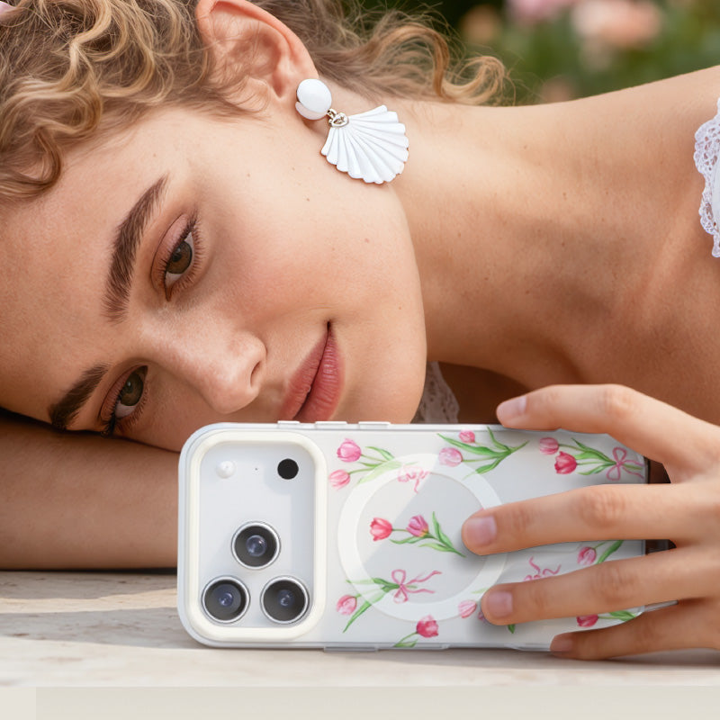 NIMASO iPhone 17/Pro/Pro Max/Air用 ケース MagSafe対応 かわいい おしゃれ 耐衝撃 ストラップホール付き(フローラルシリーズ)チューリップ
