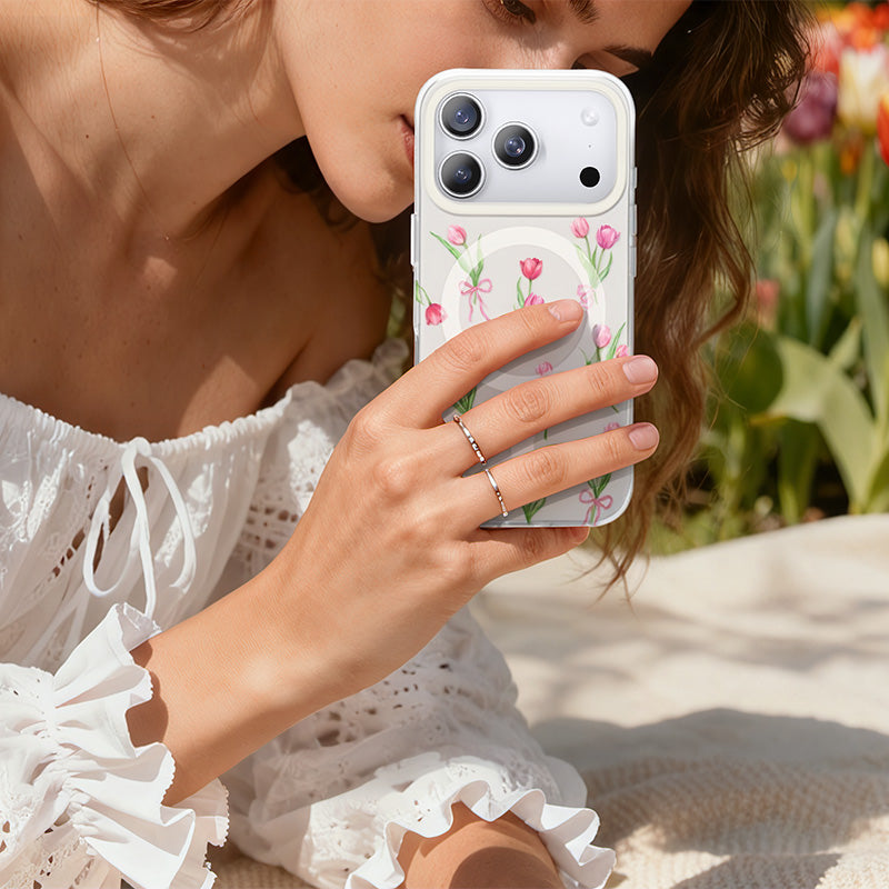 NIMASO iPhone 17/Pro/Pro Max/Air用 ケース MagSafe対応 かわいい おしゃれ 耐衝撃 ストラップホール付き(フローラルシリーズ)チューリップ