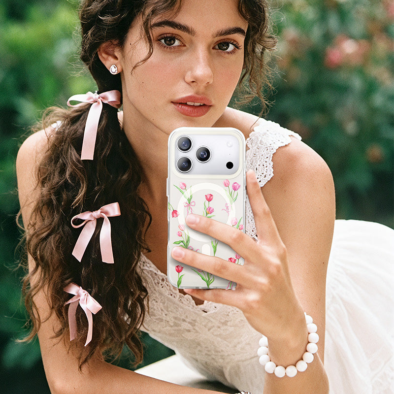 NIMASO iPhone 17/Pro/Pro Max/Air用 ケース MagSafe対応 かわいい おしゃれ 耐衝撃 ストラップホール付き(フローラルシリーズ)チューリップ