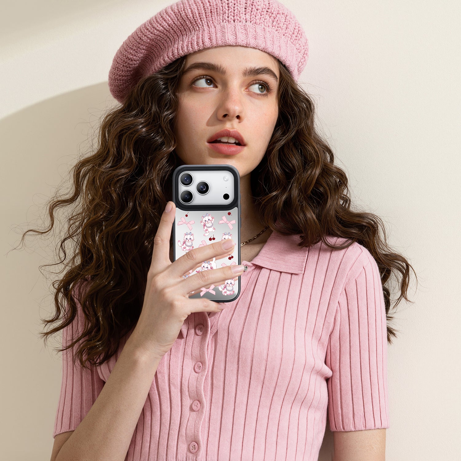 NIMASO iPhone 17/Pro/Pro Max/Air用 ケース MagSafe対応 ミラー かわいい おしゃれ 耐衝撃 ワイヤレス充電対応(ファンシーシリーズ)ホワイトキャット