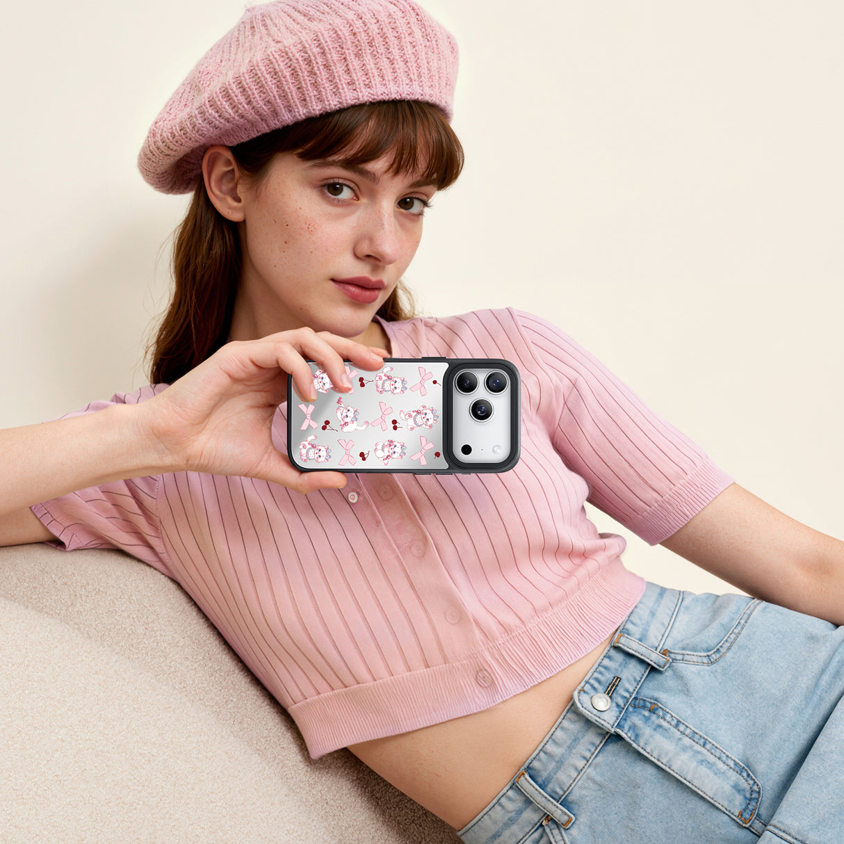 NIMASO iPhone 17/Pro/Pro Max/Air用 ケース MagSafe対応 ミラー かわいい おしゃれ 耐衝撃 ワイヤレス充電対応(ファンシーシリーズ)ホワイトキャット