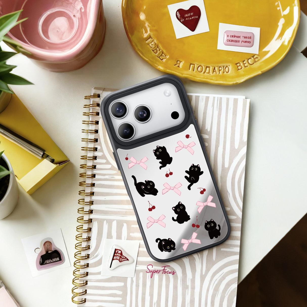 NIMASO iPhone 17/Pro/Pro Max/Air用 ケース MagSafe対応 ミラー かわいい おしゃれ 耐衝撃 ワイヤレス充電対応(ファンシーシリーズ)ブラックキャット