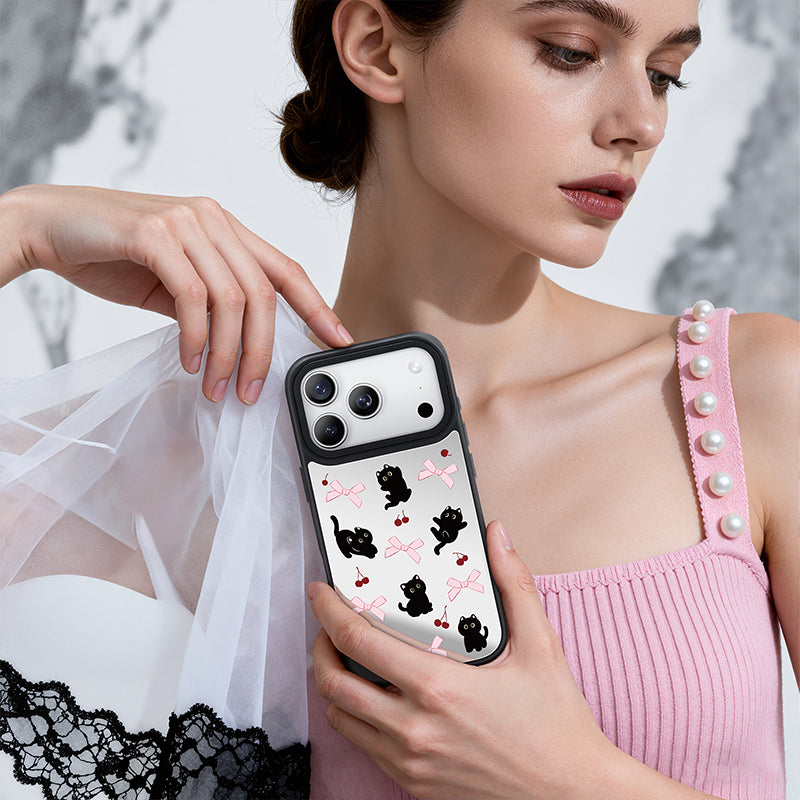 NIMASO iPhone 17/Pro/Pro Max/Air用 ケース MagSafe対応 ミラー かわいい おしゃれ 耐衝撃 ワイヤレス充電対応(ファンシーシリーズ)ブラックキャット