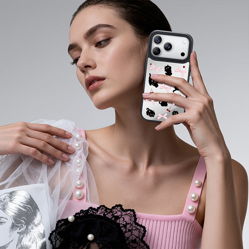 NIMASO iPhone 17/Pro/Pro Max/Air用 ケース MagSafe対応 ミラー かわいい おしゃれ 耐衝撃 ワイヤレス充電対応(ファンシーシリーズ)ブラックキャット