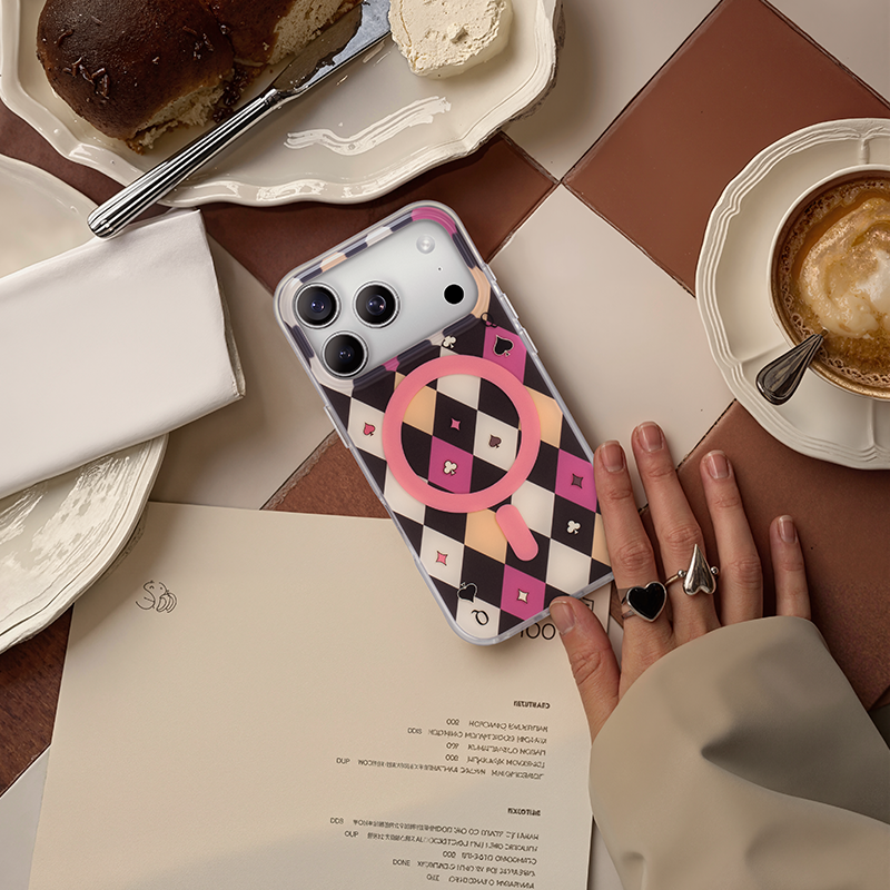 NIMASO iPhone 17/Pro/Pro Max/Air用 ケース MagSafe対応 可愛い おしゃれ 耐衝撃 ストラップホール付き スマホケース(チェッカーシリーズ)キラキラクイーン Q