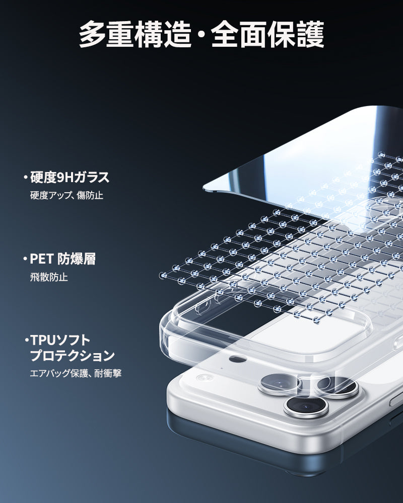 NIMASO iPhone 17/Pro/Pro Max/Air用 ケース クリア/マット 強化ガラス 9H硬度 耐衝撃 黄変防止(氷晶シリーズ)