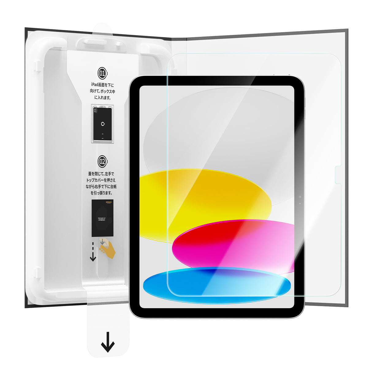 NIMASO ガラスフィルム iPad 第10/11世代用 自動除塵、パッケージとiPad 10への装着イメージ