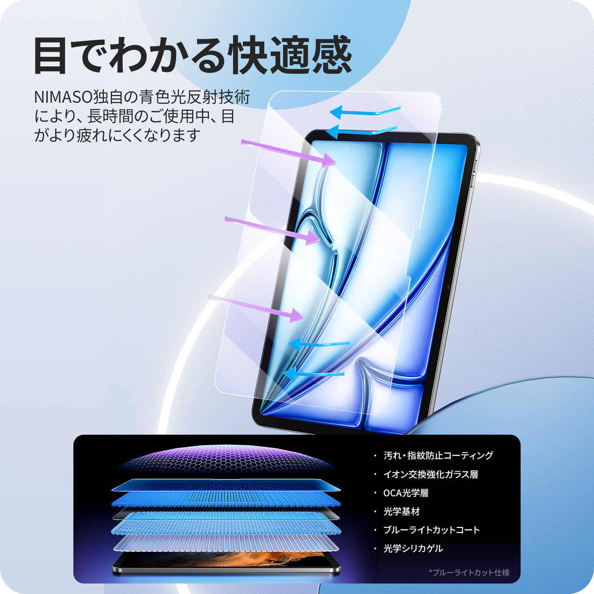 NIMASO ブルーライトカット ガラスフィルム iPad Air M3 第7世代 2025/iPad Air M2 第6世代 2024 11 インチ用 ガイド枠付き