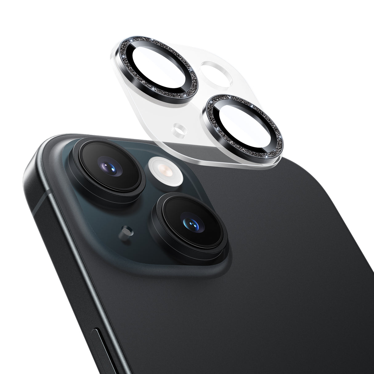 NIMASO カメラフィルム iPhone 15/Plus/Pro/Pro Max 対応 アクリル+キラキラ 全面保護 黒縁取り 9H強化ガラス 耐衝撃 1枚セット