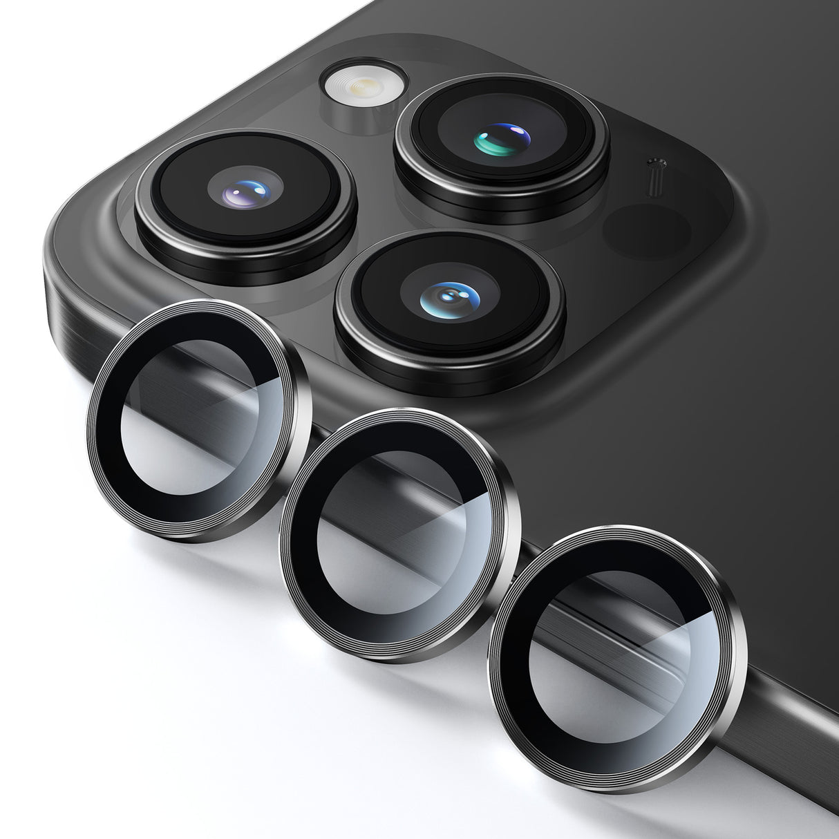 iPhone 15/Plus/Pro/Pro Max用 レンズカバー アルミ合金製+強化ガラス