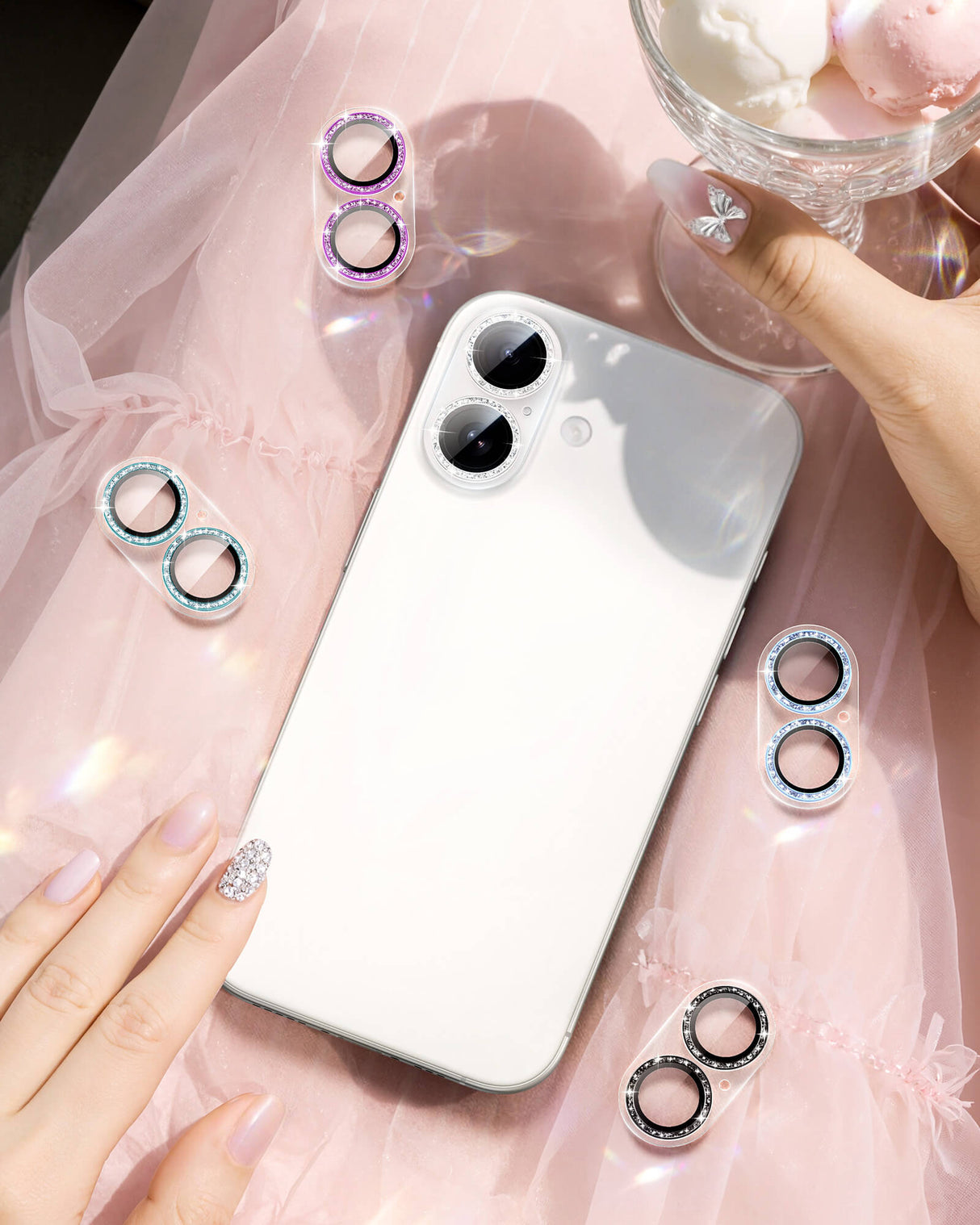 NIMASO カメラフィルム iPhone 16/Plus/Pro/Pro Max 対応 アクリル+キラキラ 全面保護 黒縁取り 9H強化ガラス 耐衝撃 1枚セット