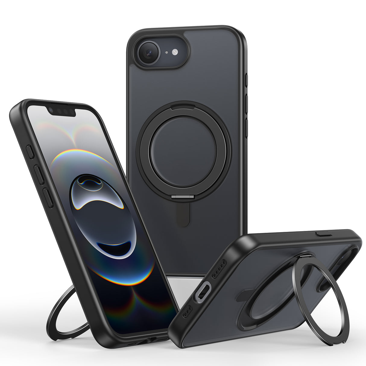 iPhone 16eケース 360°スタンド付き (黒羽シリーズ)