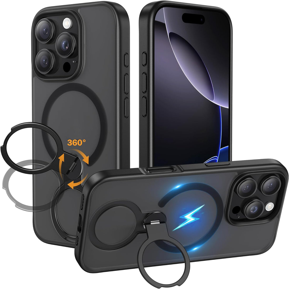 iPhone 16pro ケース MagSafeアクセサリー対応 360°回転スタンド 黒羽シリーズ