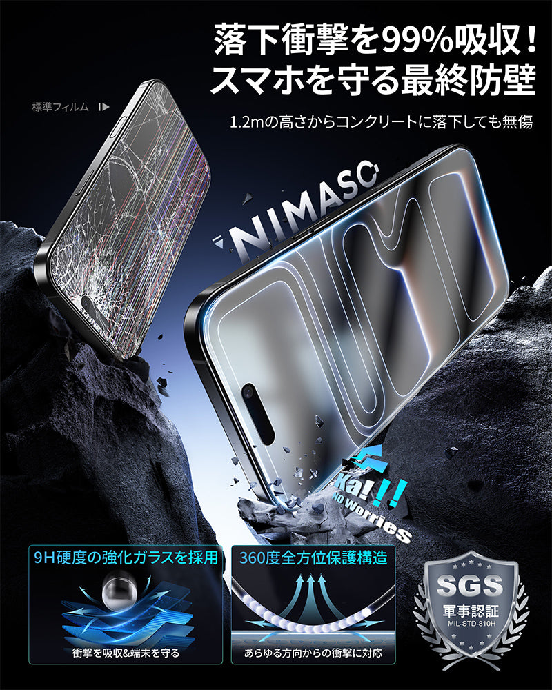 NIMASO iPhone 17/Pro/Pro Max/Air用 アンチグレア ガラスフィルム 反射防止 自動除塵ガイド枠付き 【2枚】