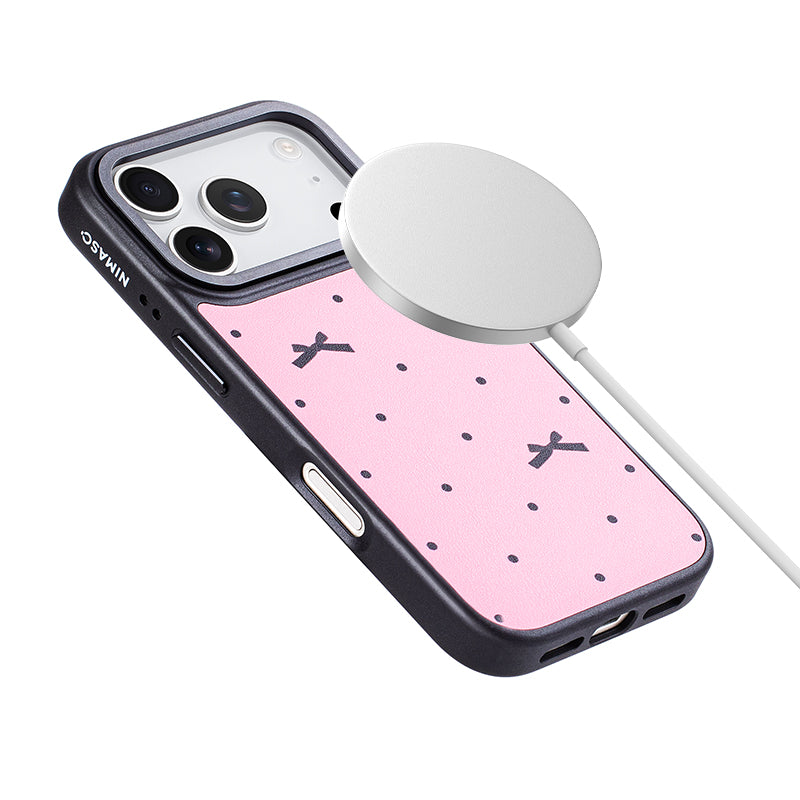 NIMASO iPhone 17/Pro/Pro Max/Air用 ケース MagSafe対応 可愛い おしゃれ 耐衝撃 ワイヤレス充電対応(ファンシーシリーズ)リボン柄 ピンク