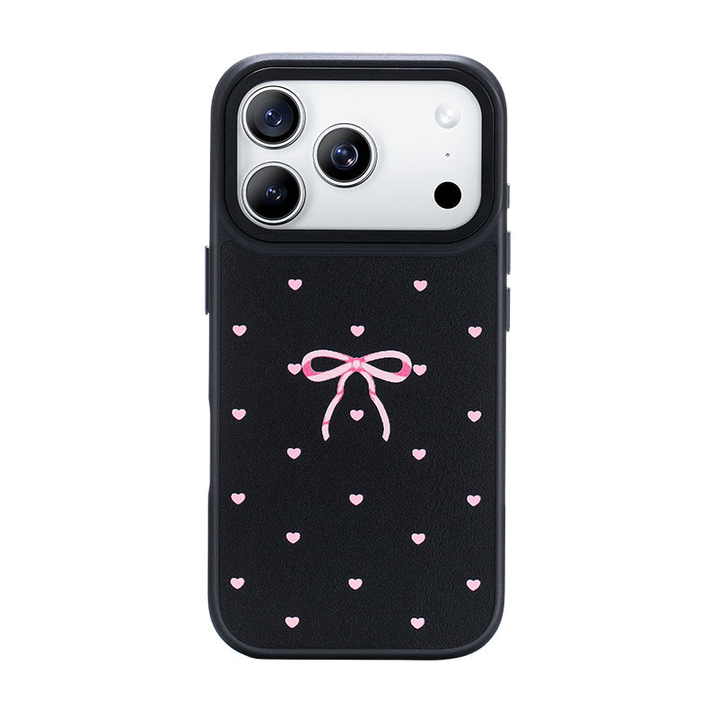 NIMASO iPhone 17/Pro/Pro Max/Air用 ケース MagSafe対応 かわいい おしゃれ 耐衝撃 ワイヤレス充電対応(ファンシーシリーズ)リボン柄 ブラック