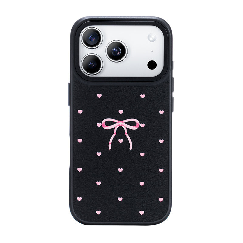 NIMASO iPhone 17/Pro/Pro Max/Air用 ケース MagSafe対応 かわいい おしゃれ 耐衝撃 ワイヤレス充電対応(ファンシーシリーズ)リボン柄 ブラック