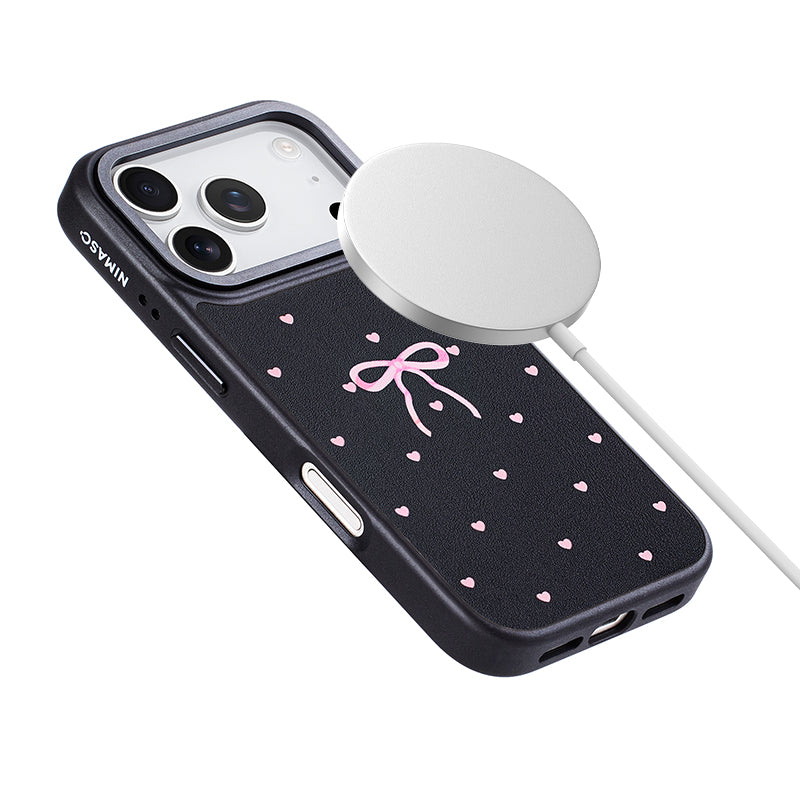 NIMASO iPhone 17/Pro/Pro Max/Air用 ケース MagSafe対応 かわいい おしゃれ 耐衝撃 ワイヤレス充電対応(ファンシーシリーズ)リボン柄 ブラック