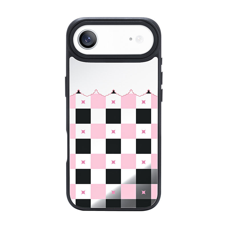 NIMASO iPhone 17/Pro/Pro Max/Air用 ケース MagSafe対応 ミラー 可愛い おしゃれ 耐衝撃 ワイヤレス充電対応(ファンシーシリーズ)チェッカー柄 黒とピンク