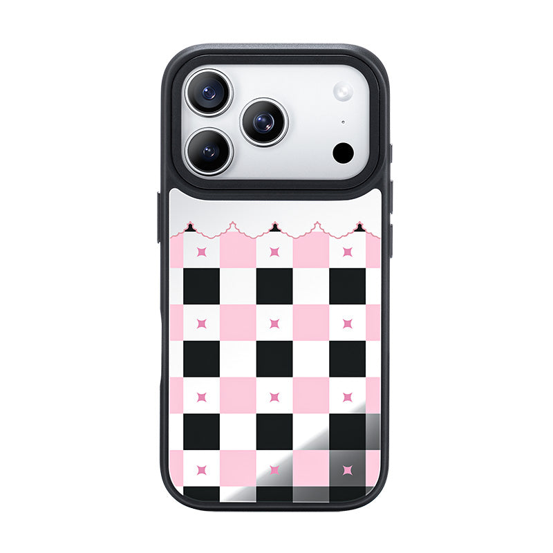 NIMASO iPhone 17/Pro/Pro Max/Air用 ケース MagSafe対応 ミラー 可愛い おしゃれ 耐衝撃 ワイヤレス充電対応(ファンシーシリーズ)チェッカー柄 黒とピンク
