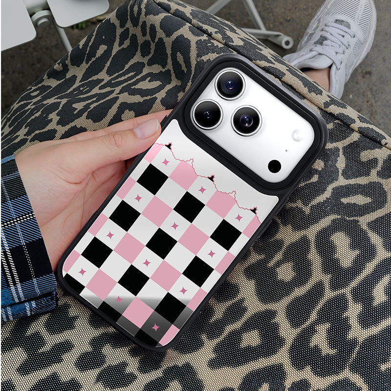 NIMASO iPhone 17/Pro/Pro Max/Air用 ケース MagSafe対応 ミラー 可愛い おしゃれ 耐衝撃 ワイヤレス充電対応(ファンシーシリーズ)チェッカー柄 黒とピンク