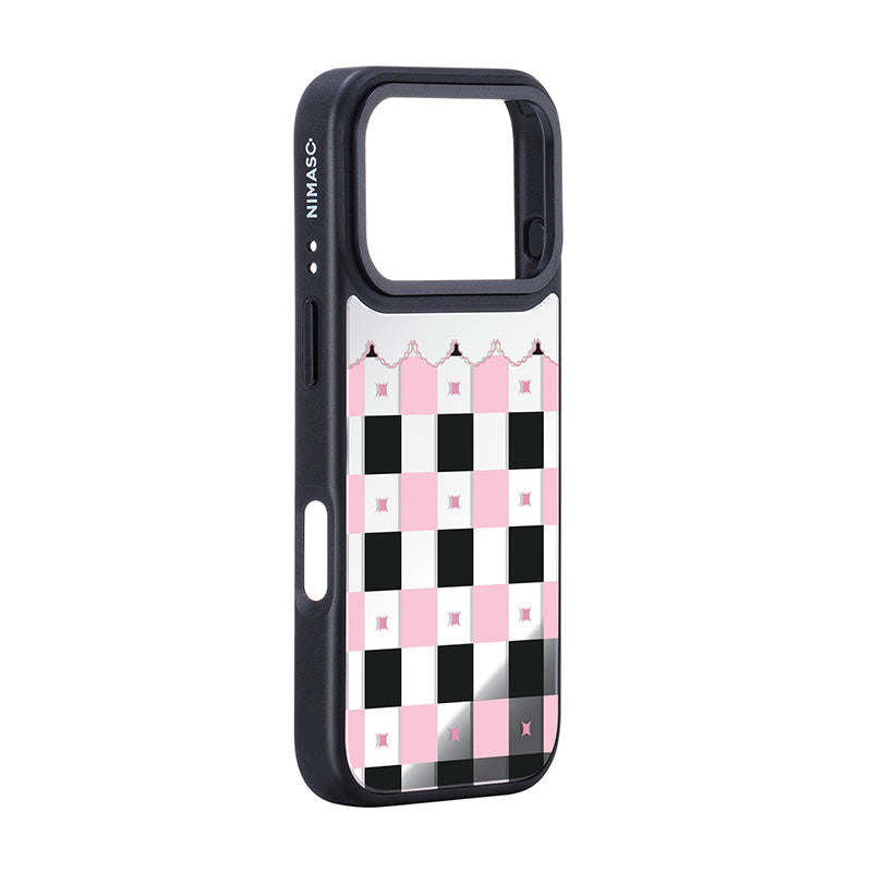 NIMASO iPhone 17/Pro/Pro Max/Air用 ケース MagSafe対応 ミラー 可愛い おしゃれ 耐衝撃 ワイヤレス充電対応(ファンシーシリーズ)チェッカー柄 黒とピンク