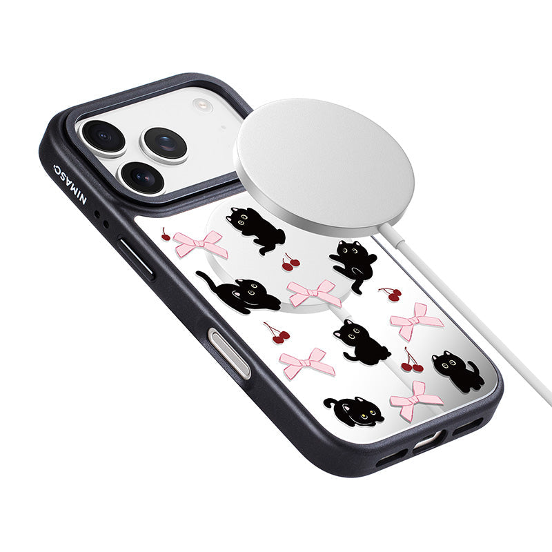 NIMASO iPhone 17/Pro/Pro Max/Air用 ケース MagSafe対応 ミラー かわいい おしゃれ 耐衝撃 ワイヤレス充電対応(ファンシーシリーズ)ブラックキャット