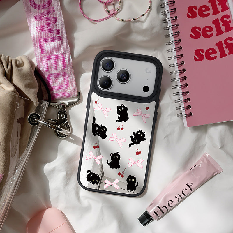 NIMASO iPhone 17/Pro/Pro Max/Air用 ケース MagSafe対応 ミラー かわいい おしゃれ 耐衝撃 ワイヤレス充電対応(ファンシーシリーズ)ブラックキャット