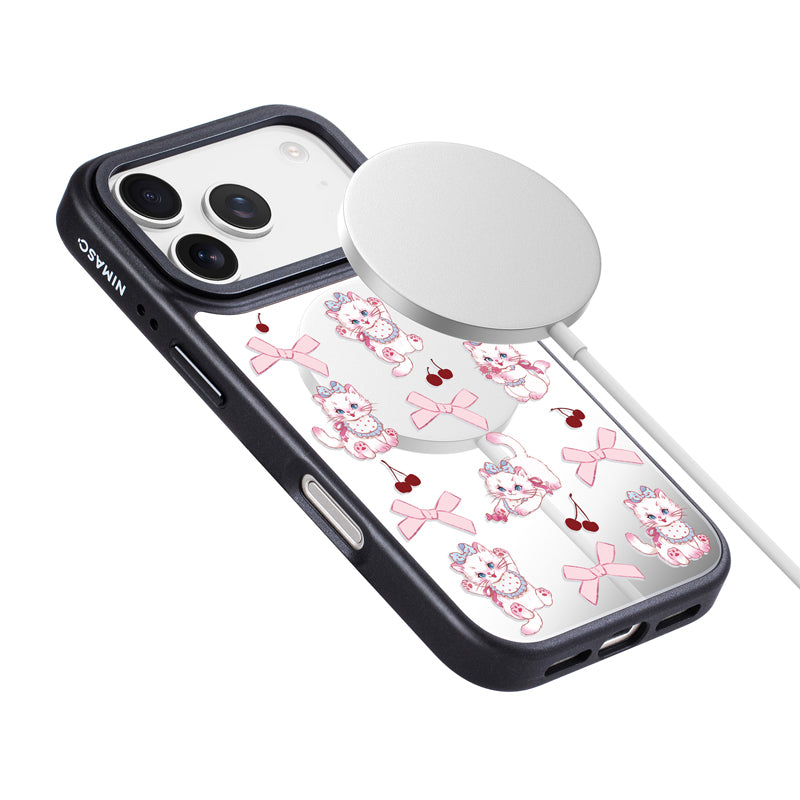 NIMASO iPhone 17/Pro/Pro Max/Air用 ケース MagSafe対応 ミラー かわいい おしゃれ 耐衝撃 ワイヤレス充電対応(ファンシーシリーズ)ホワイトキャット