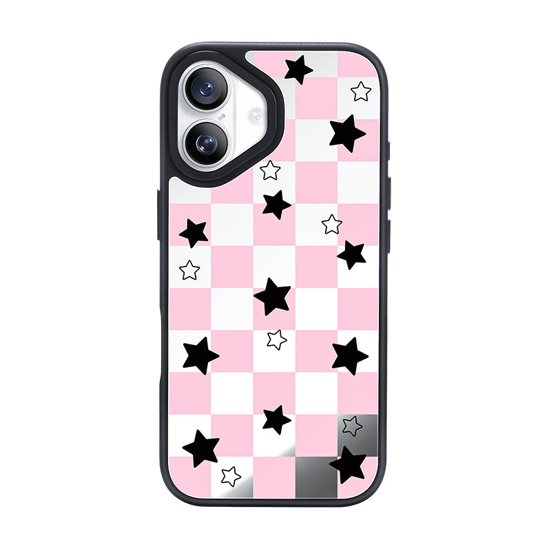 NIMASO iPhone 17/Pro/Pro Max用 ケース MagSafe対応 可愛い ミラー おしゃれ 耐衝撃 ワイヤレス充電対応(ファンシーシリーズ)チェッカー柄 ピンク