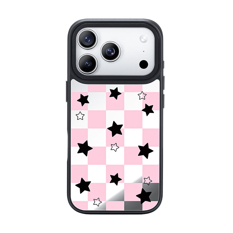 NIMASO iPhone 17/Pro/Pro Max用 ケース MagSafe対応 可愛い ミラー おしゃれ 耐衝撃 ワイヤレス充電対応(ファンシーシリーズ)チェッカー柄 ピンク