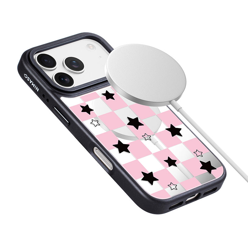 NIMASO iPhone 17/Pro/Pro Max用 ケース MagSafe対応 可愛い ミラー おしゃれ 耐衝撃 ワイヤレス充電対応(ファンシーシリーズ)チェッカー柄 ピンク