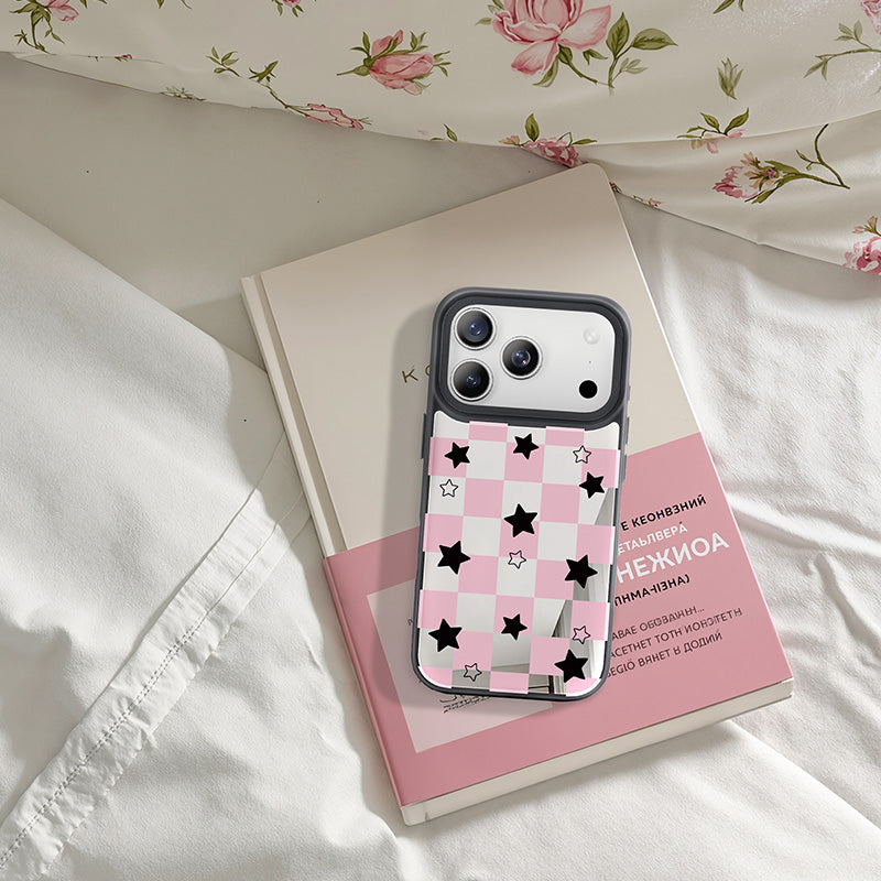 NIMASO iPhone 17/Pro/Pro Max用 ケース MagSafe対応 可愛い ミラー おしゃれ 耐衝撃 ワイヤレス充電対応(ファンシーシリーズ)チェッカー柄 ピンク